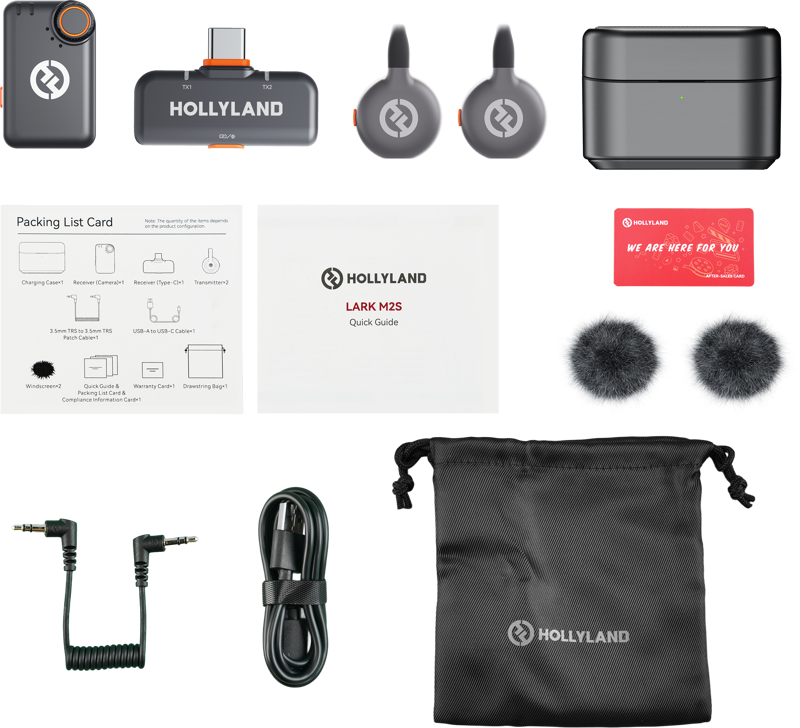 Hollyland Lark M2S Mini Combo (2RX - Camera & USB-C) wireless microphone system, detail view.