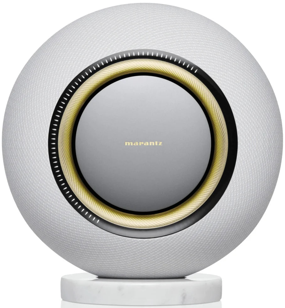 Marantz Horizon wireless speakers with sleek black design and modern controls, set against a neutral background.