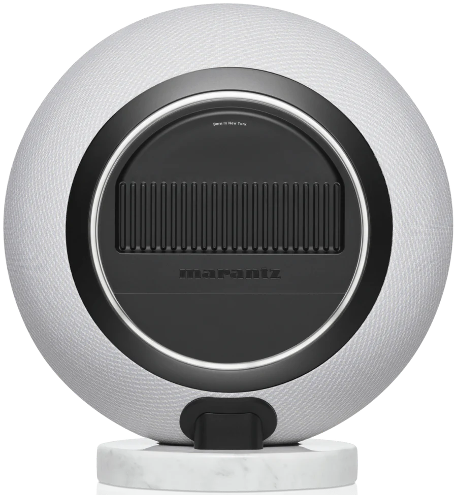Marantz Horizon wireless speaker with sleek black design and smooth surface, ideal for high-quality audio in modern home settings.