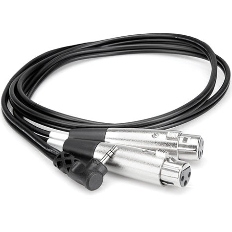 Hosa CYX-402F dual XLR female to right-angle 3.5mm TRS Y-cable, 0.6m length, black with flexible connectors.