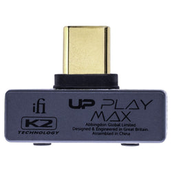 iFi Audio UP Play Max Bluetooth transmitter, rear view with USB-C plug and product label