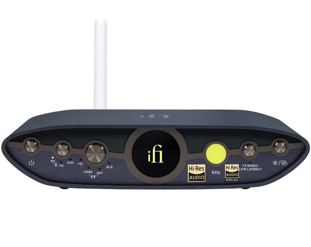 iFi Audio Zen Blue 3 Bluetooth music streamer with sleek black design and front display, connected to audio equipment.