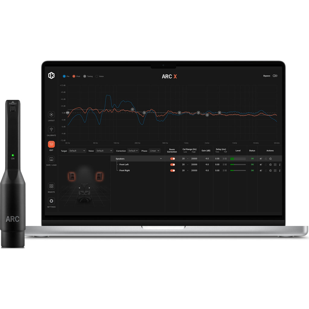 IK Multimedia ARC X room calibration software with measurement microphone for accurate acoustic tuning and sound optimization.