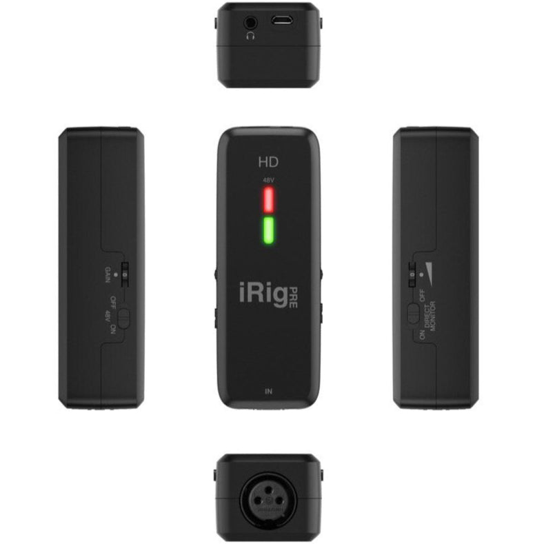 IK Multimedia iRig Pre HD audio interface connected to a microphone, showing compact design and input ports on a clean background.