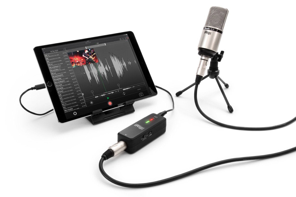 IK Multimedia iRig Pre HD audio interface with XLR input and gain control for mobile and studio recording.