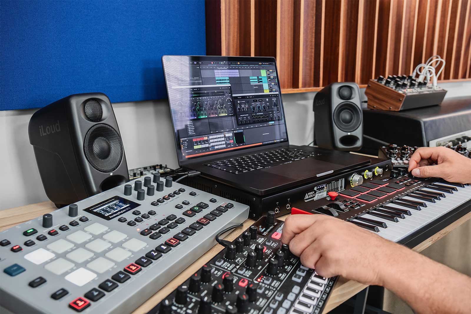 IK Multimedia iLoud Micro Monitor Pro active nearfield monitors, compact speakers with front-facing controls and durable design.