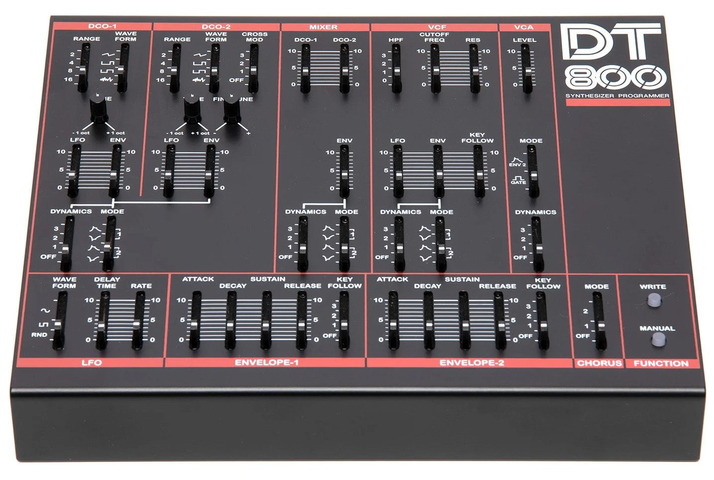 Dtronics DT-800 synthesizer with control knobs, buttons, and LED display on a black panel, showcasing its interface and features.