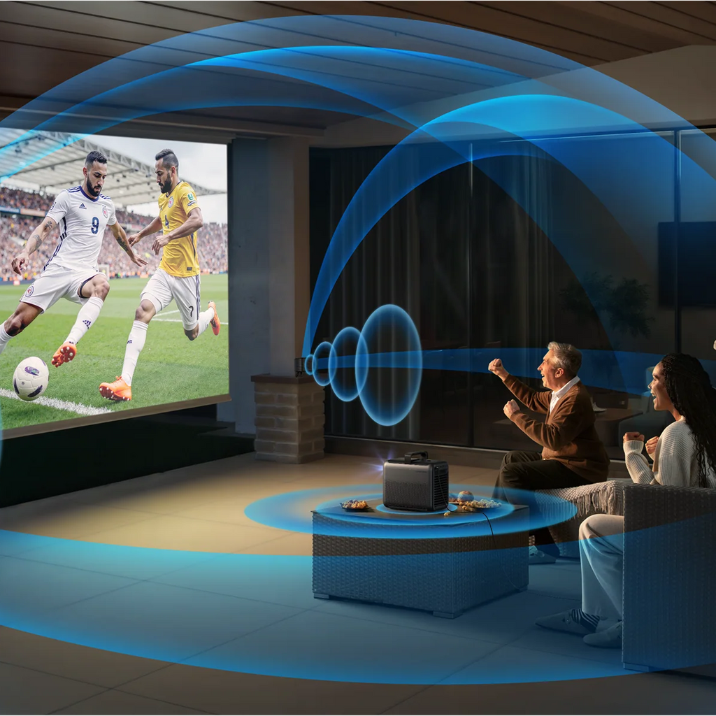 Nebula X1 projector displaying colorful images on a wall, compact design with lens and control buttons visible.