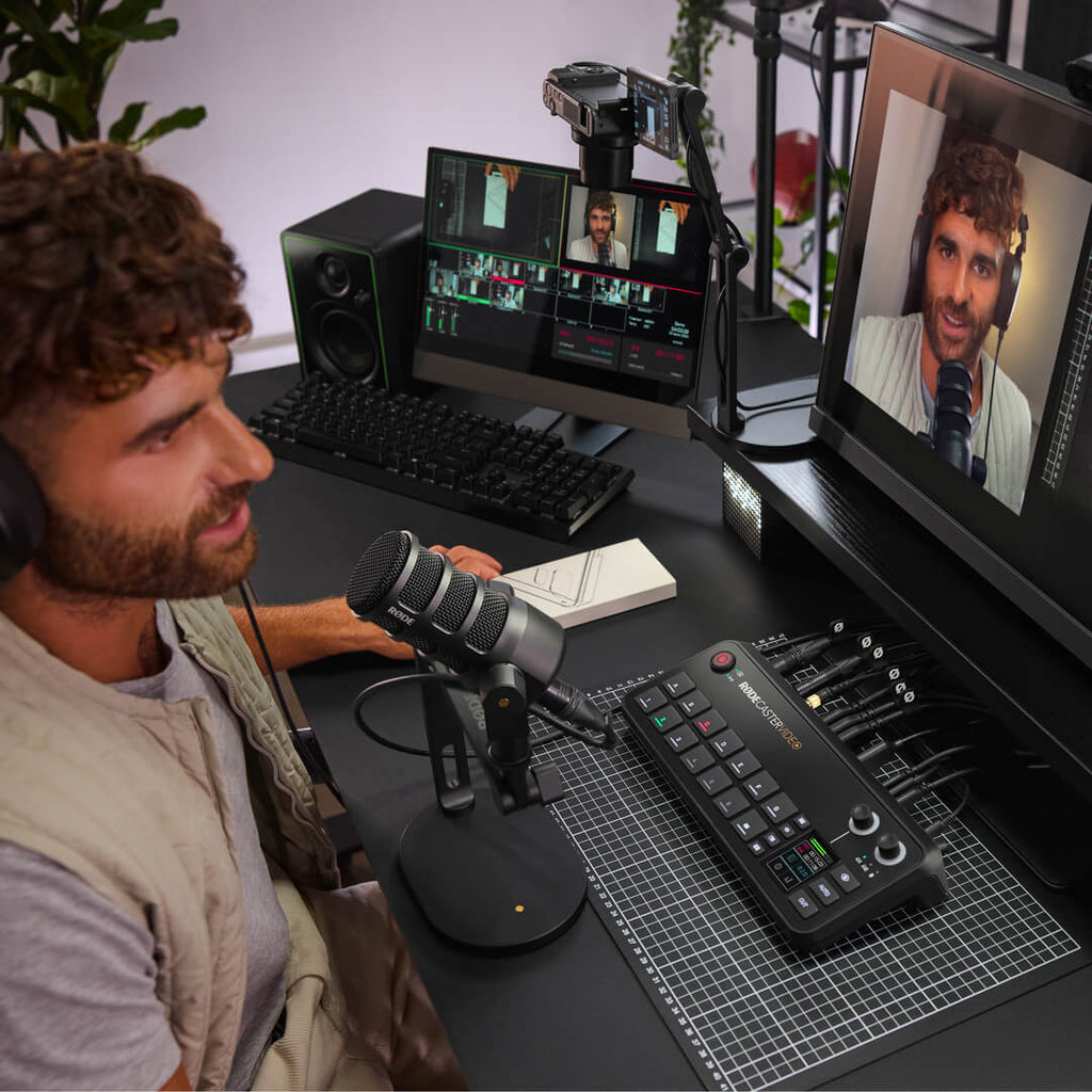 Rode RodeCaster Video control panel with audio input knobs and buttons for professional video editing and live streaming.