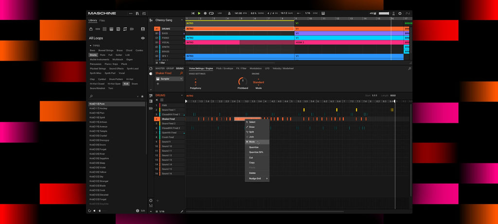 Native Instruments Maschine 3 Bundle music production software interface showing sampler and drum pads.