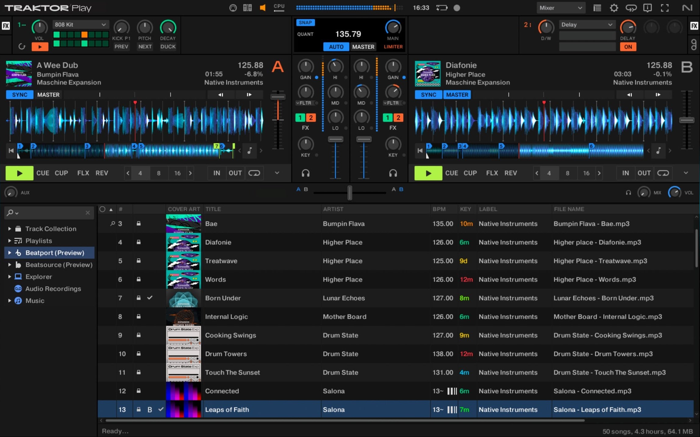 Native Instruments Traktor Play DJ software interface showing waveform displays and control options on a computer screen.