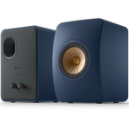 KEF LS50 Meta passive bookshelf speakers with sleek black finish and compact design, showcasing premium audio equipment.
