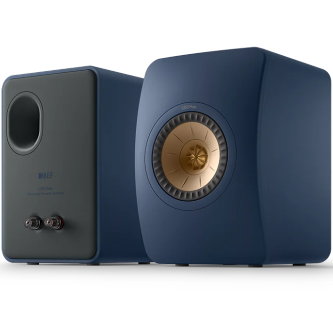 KEF LS50 Meta passive bookshelf speakers with sleek black finish and compact design, showcasing premium audio equipment.