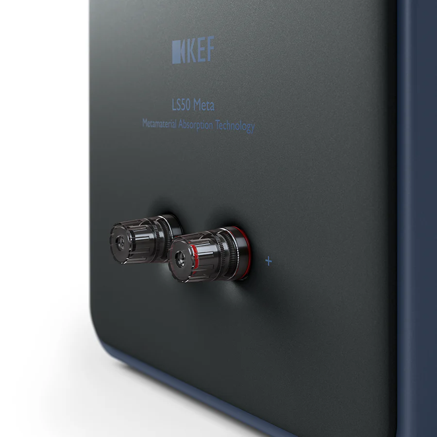 KEF LS50 Meta passive bookshelf speakers with sleek black cabinets and front-facing drivers for high-quality audio.