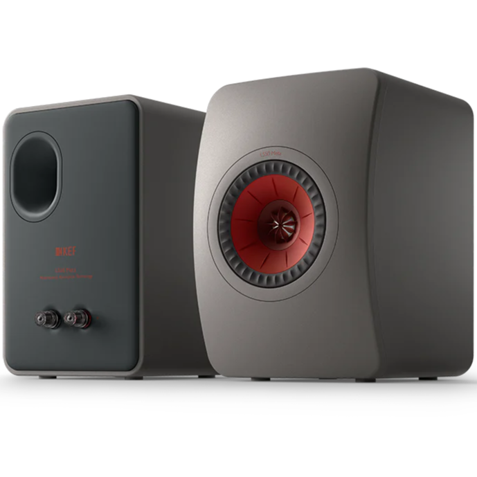 KEF LS50 Meta passive bookshelf speakers with sleek black cabinets and detailed drivers for high-quality sound.
