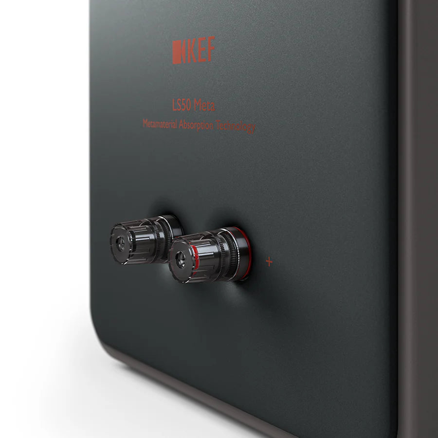 KEF LS50 Meta passive bookshelf speakers shown with sleek black finish and compact design for high-quality audio playback.