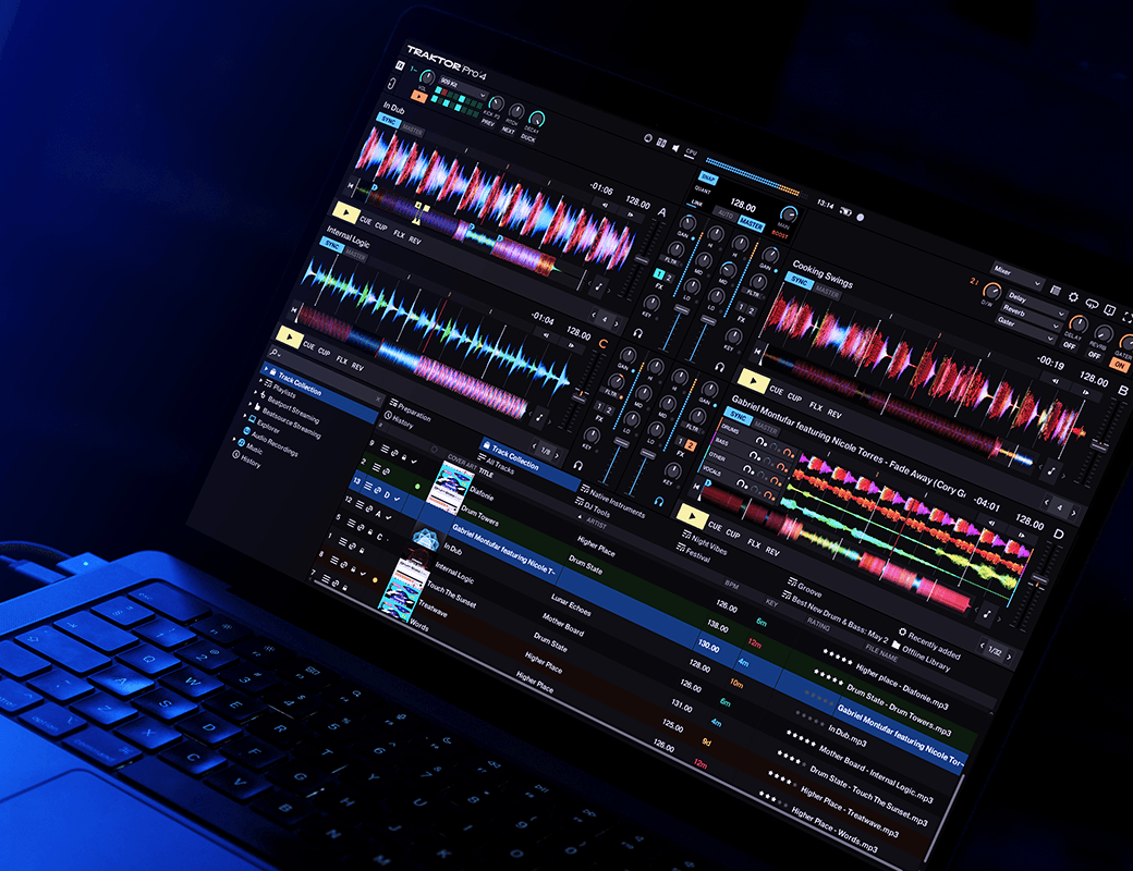 Screenshot of Native Instruments Traktor Pro 4 DJ software interface showing mixing controls and waveform displays.
