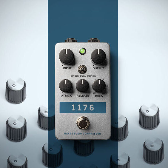 Universal Audio UAFX 1176 Studio Compressor effect pedal with controls and knobs, used for dynamic audio processing.