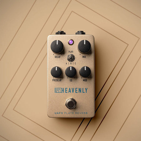 Universal Audio UAFX Heavenly Plate Reverb effects pedal, showcasing its sleek design and control knobs for guitar or studio use.