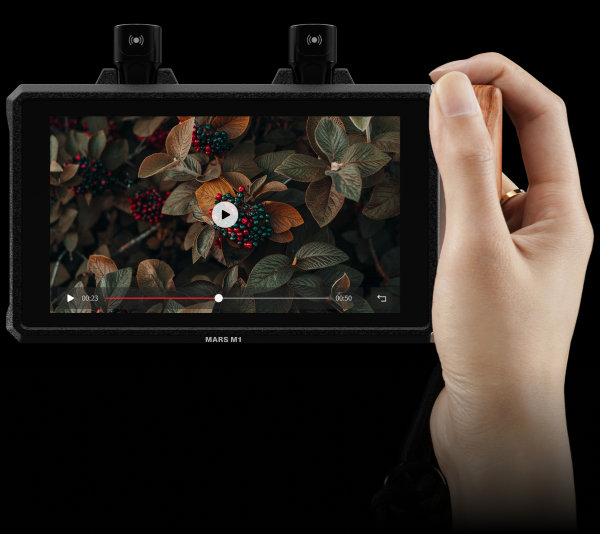 Hollyland Mars M1 Enhanced video monitor displaying its user interface and compact design for professional video production.