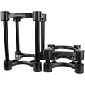 IsoAcoustics ISO-200 studio monitor stands showing sleek black design and adjustable height for optimal audio positioning.