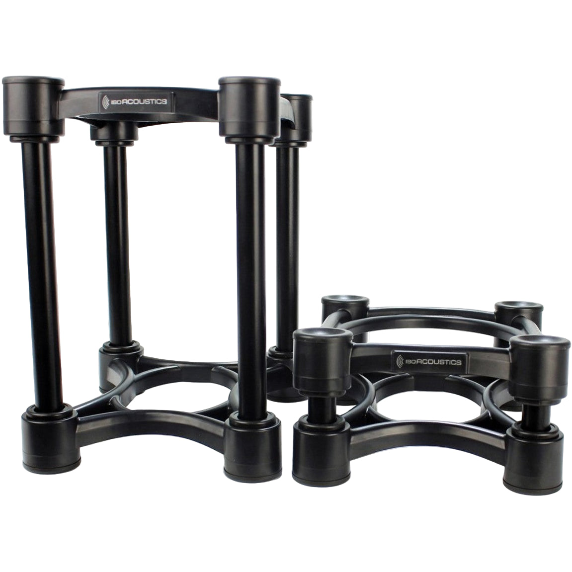 IsoAcoustics ISO-200 studio monitor stands showing sleek black design and adjustable height for optimal audio positioning.