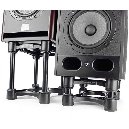 IsoAcoustics ISO-200 studio monitor stands with sleek black design and adjustable height for optimal audio positioning.