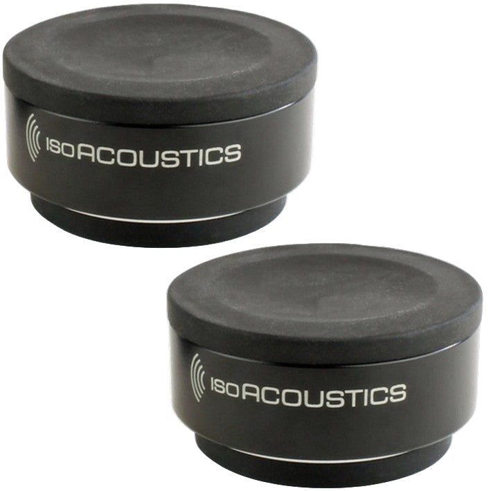 IsoAcoustics ISO-Puck studio monitor stand isolation pads on a surface, designed to improve audio clarity and reduce vibrations.