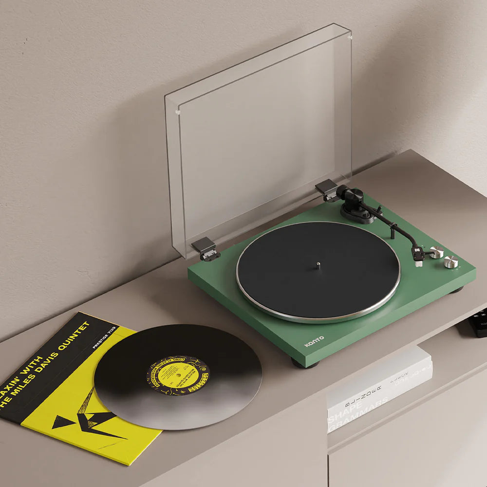 Kanto Audio OBI3 turntable with sleek black design, featuring tonearm and platter for high-quality vinyl playback.