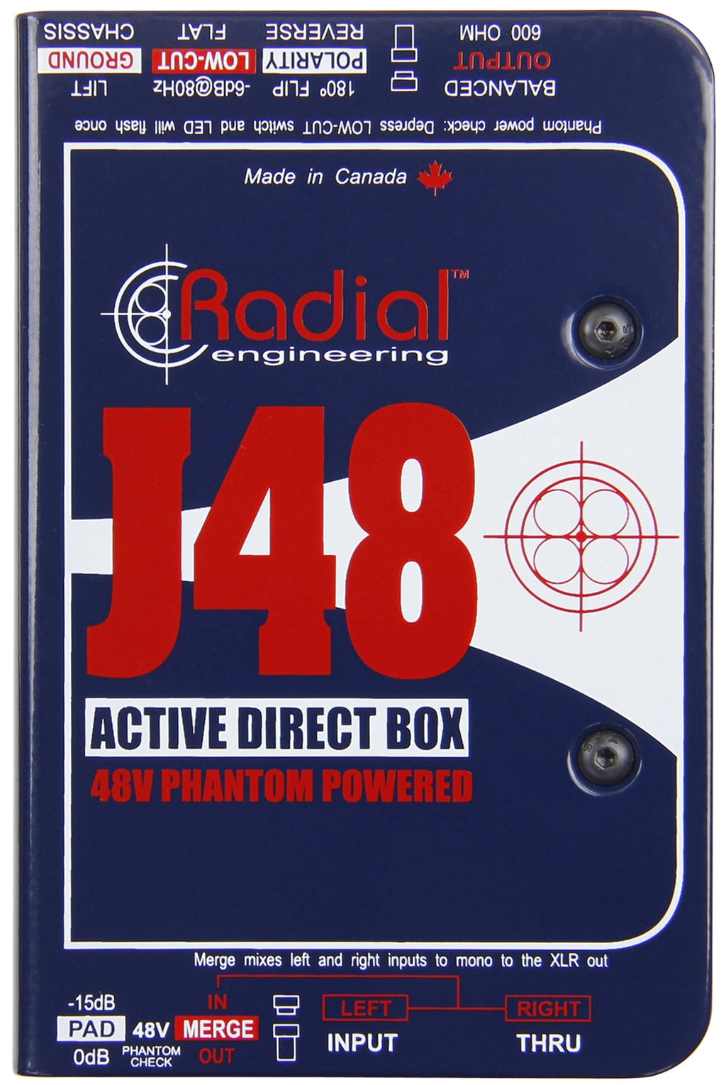 Radial Engineering J48 mono DI box with top view showing input and output connections for professional audio setup.