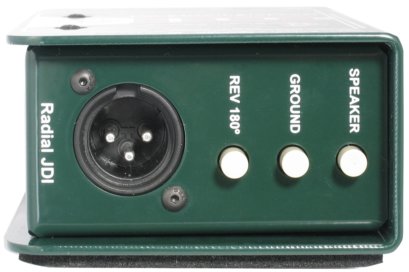 Radial Engineering JDI mono DI box shown from the back with input and output connections for professional audio setups.