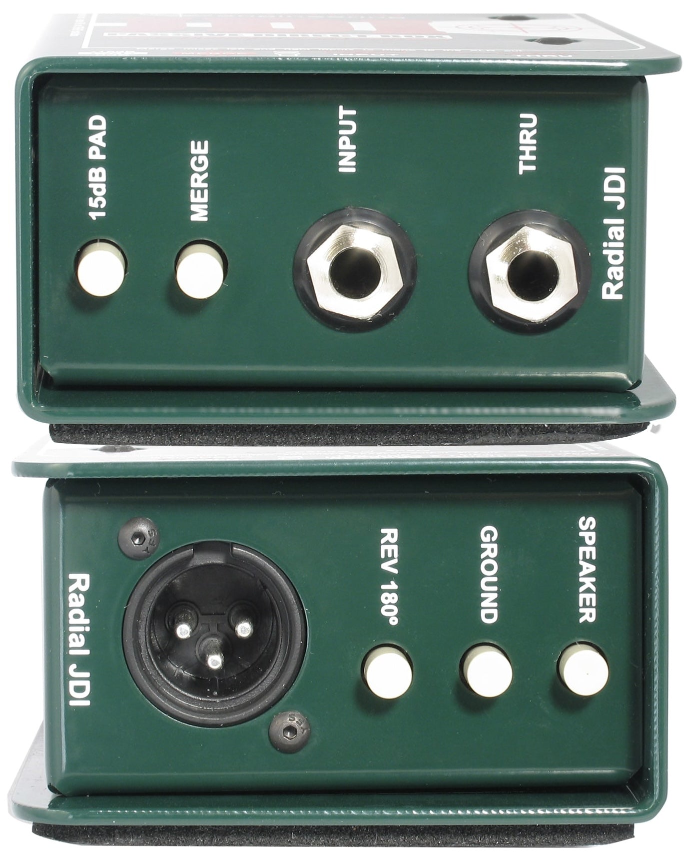 Radial Engineering JDI mono DI box with stacked connectors and metal housing, ideal for professional audio instrument connections