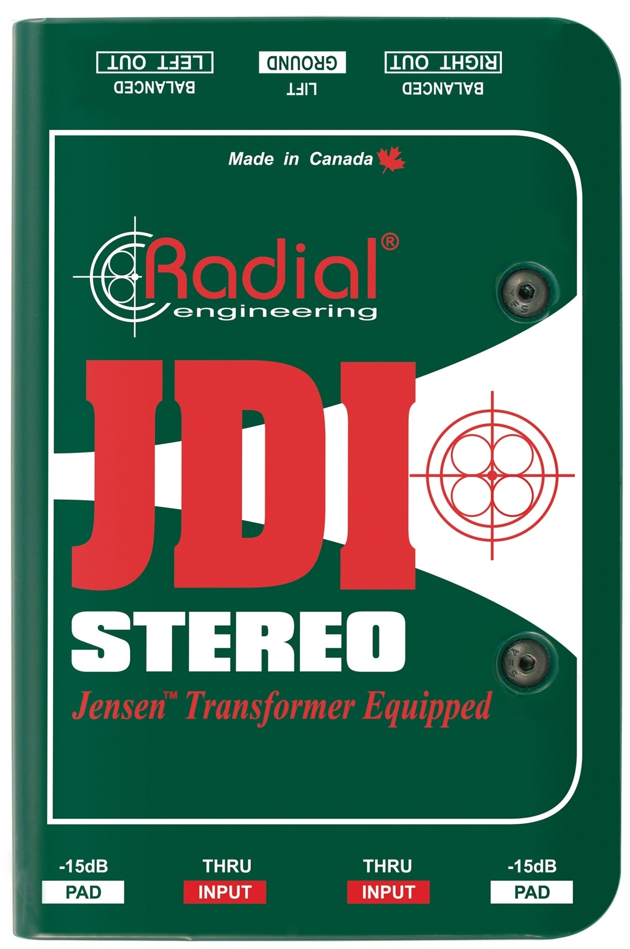 Radial Engineering JDI stereo DI box showing top view with input and output connections on a professional audio equipment surface.