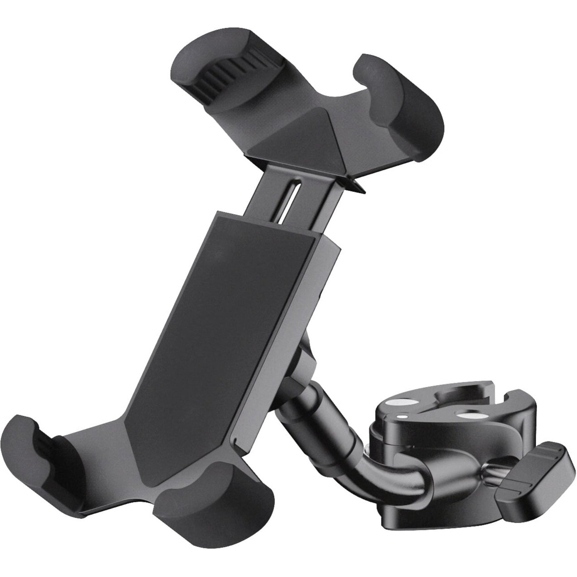 K&M 19755 Smartphone Holder mounted on a microphone stand, adjustable grip for holding smartphones securely during performances.