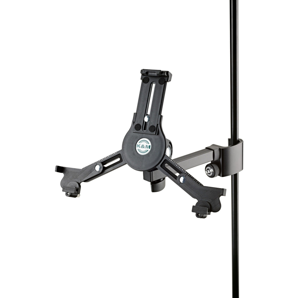 K&M 19791 multimedia microphone stand with adjustable arm and sturdy base, designed for professional audio and recording setups.
