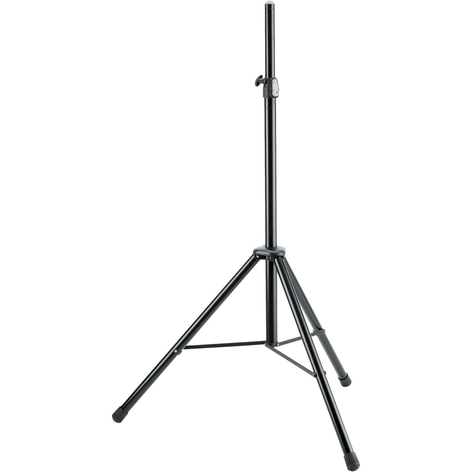 K&M 21436 PA speaker stands set up with adjustable height and sturdy black metal construction for professional audio setup.