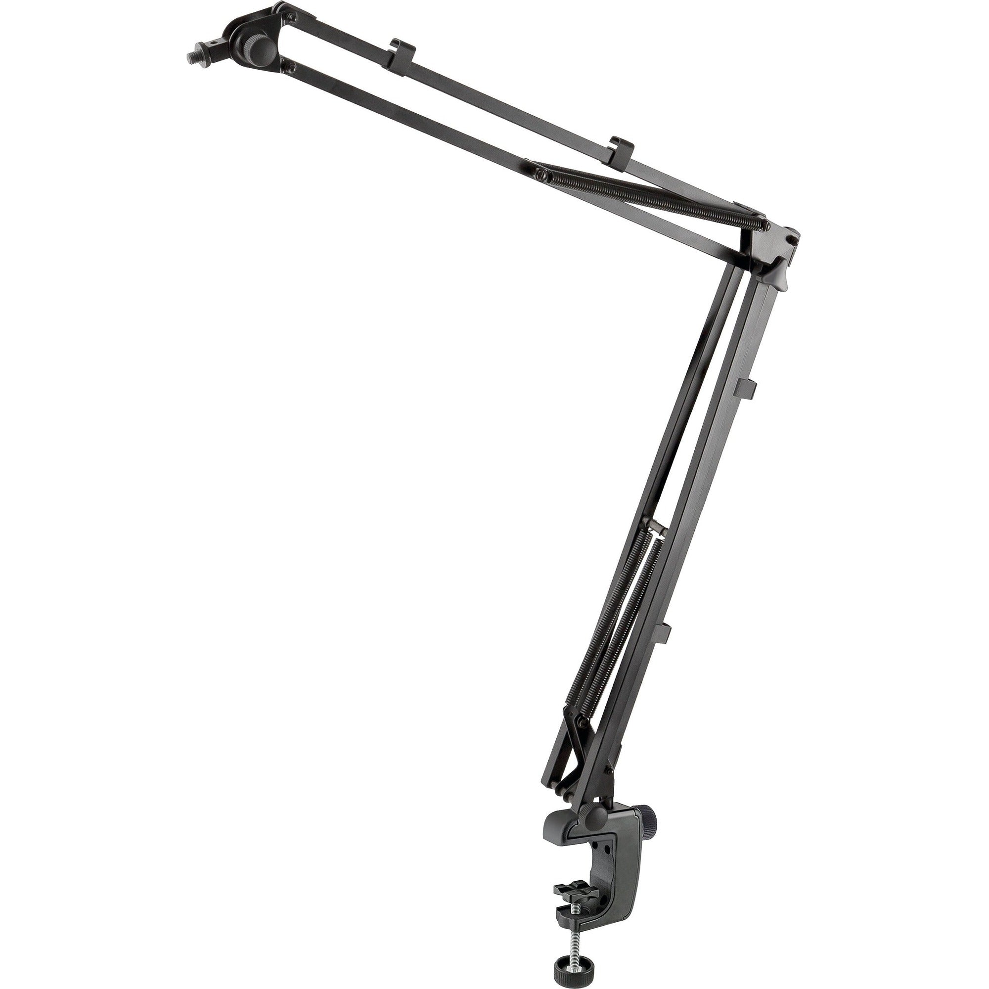 K&M 23840 microphone desk arm, hero full view with desk clamp