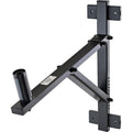 K&M 24110 black speaker stands shown with adjustable height and sturdy construction for audio equipment.
