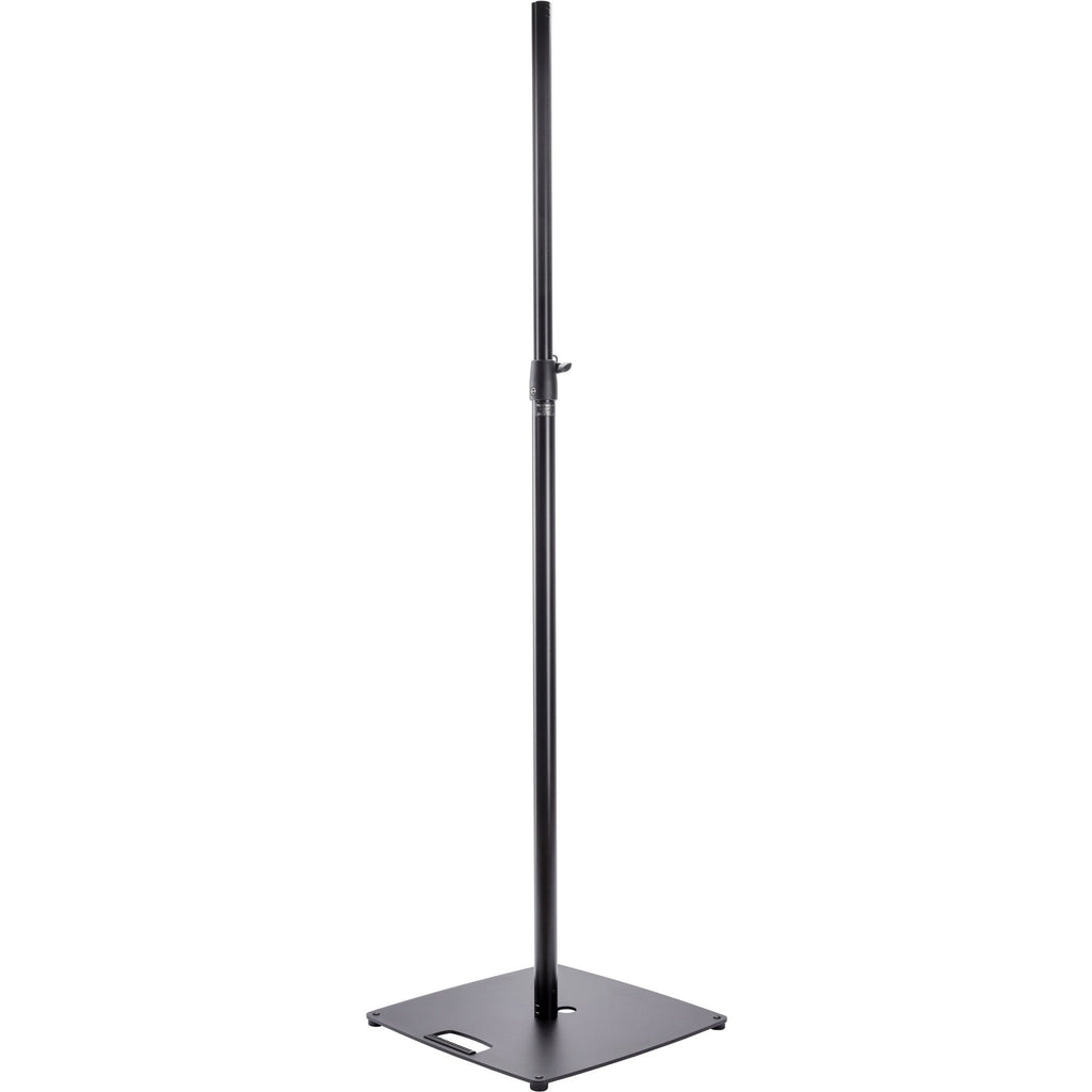 K&M 24650 PA speaker stands set up with adjustable height and sturdy metal construction for professional audio support.