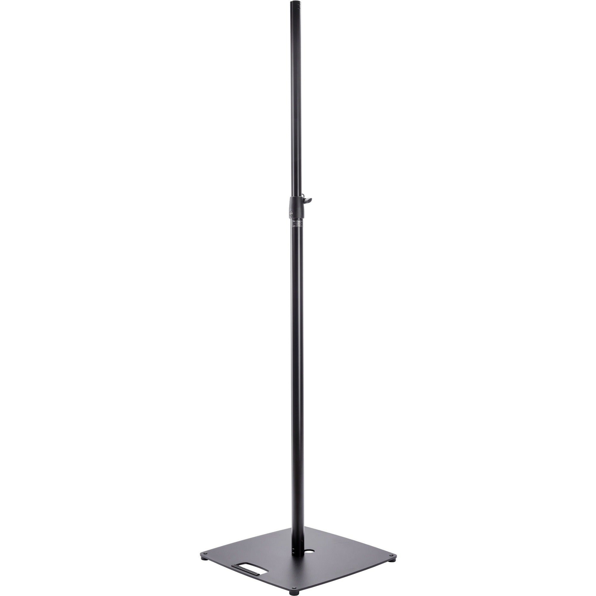 K&M 24650 PA speaker stands set up with adjustable height and sturdy metal construction for professional audio support.