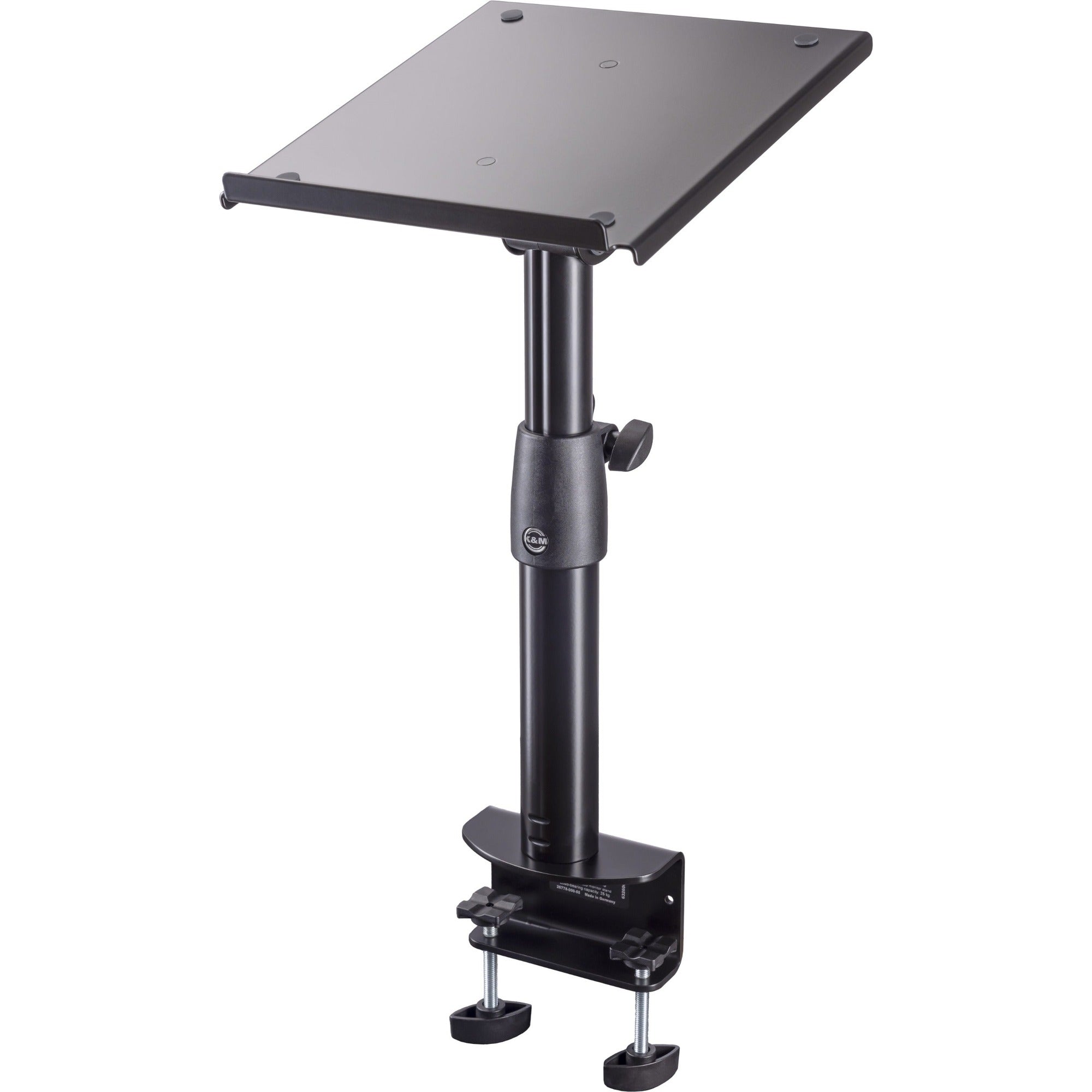 K&M 26778 studio monitor stands supporting speakers with adjustable height and sturdy metal construction.