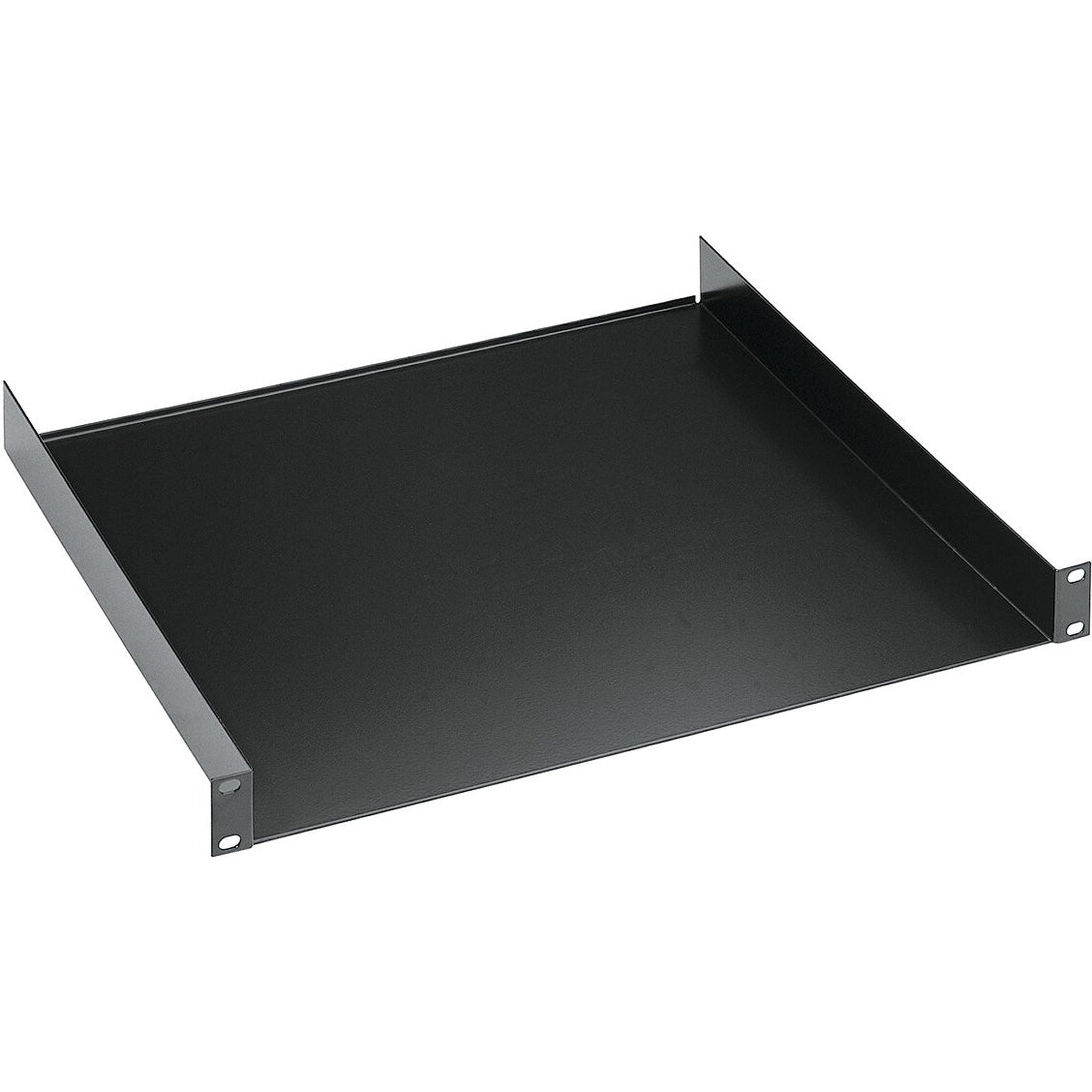 K&M 28481 19-inch rack shelf 1U mounted in a server rack for secure equipment storage and organization.