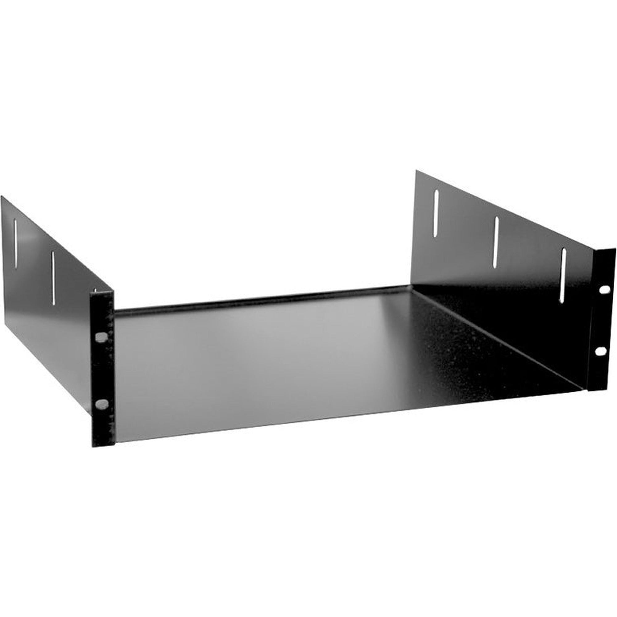 K&M 28483 19-inch 3U rack shelf for mounting equipment in rackmount cases, black metal with mounting brackets.