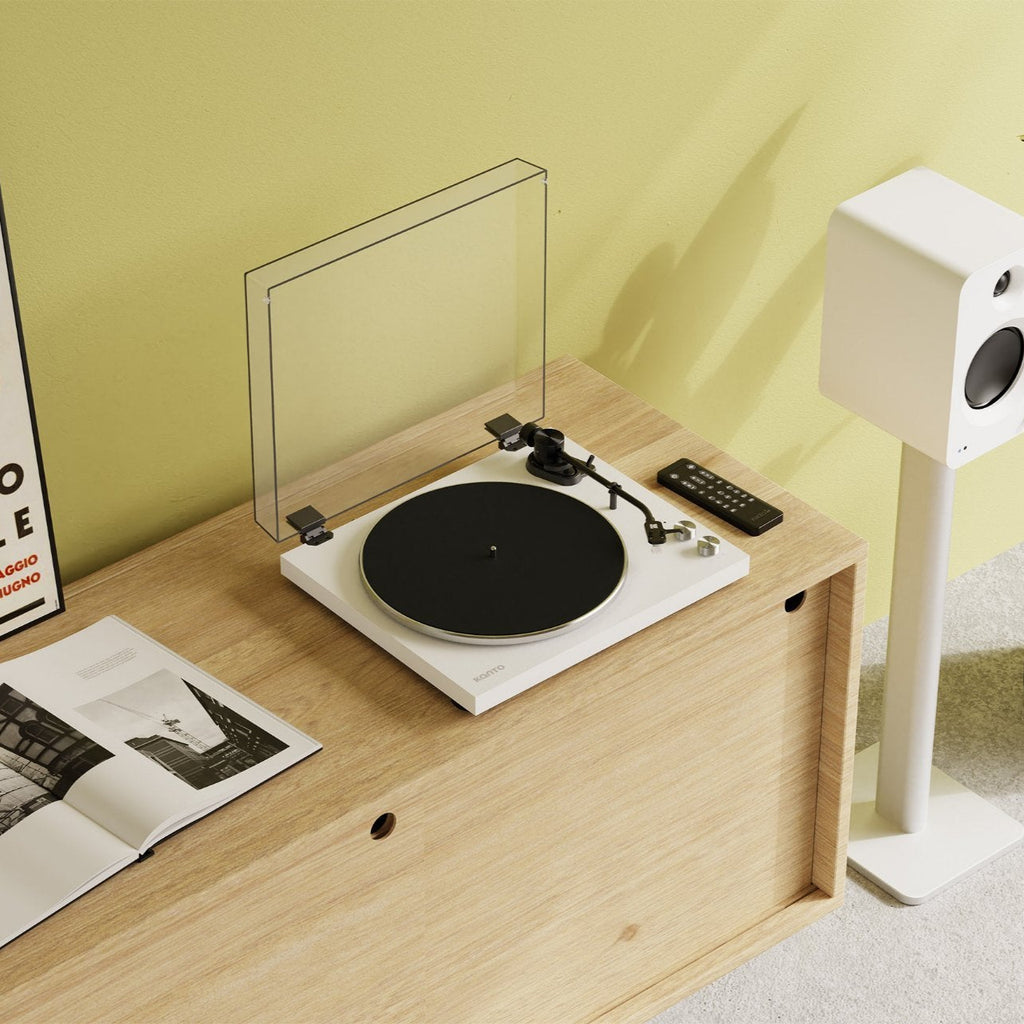 Kanto Audio OBI3 turntable, in black, lifestyle setting