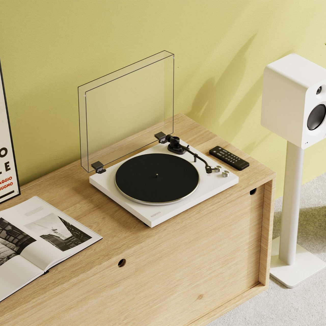Kanto Audio OBI3 turntable, in black, lifestyle setting