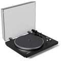 Kanto Audio OBI3 Gen 2 turntable, Black, angled view with dustcover open