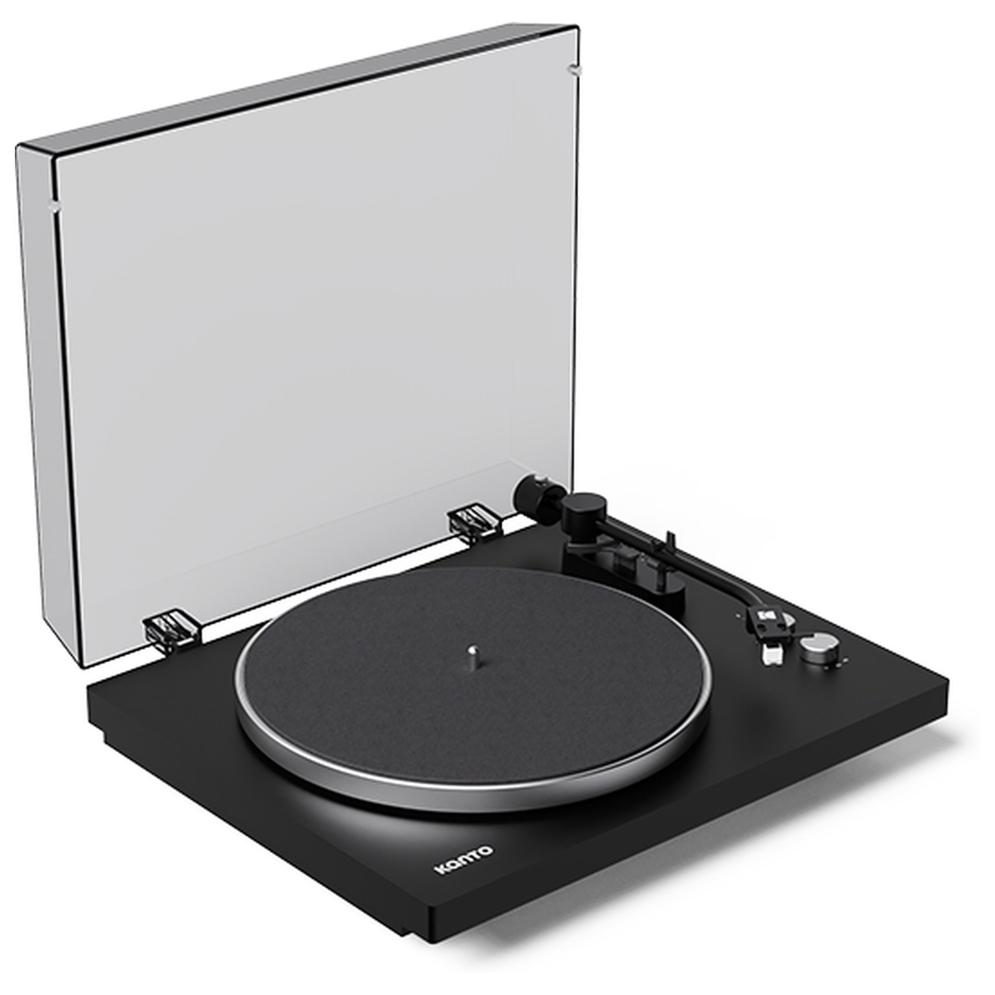 Kanto Audio OBI3 Gen 2 turntable, Black, angled view with dustcover open