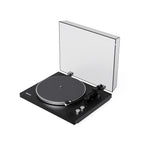 Kanto Audio OBI3 Gen 2 turntable, Black, angled view with dustcover open