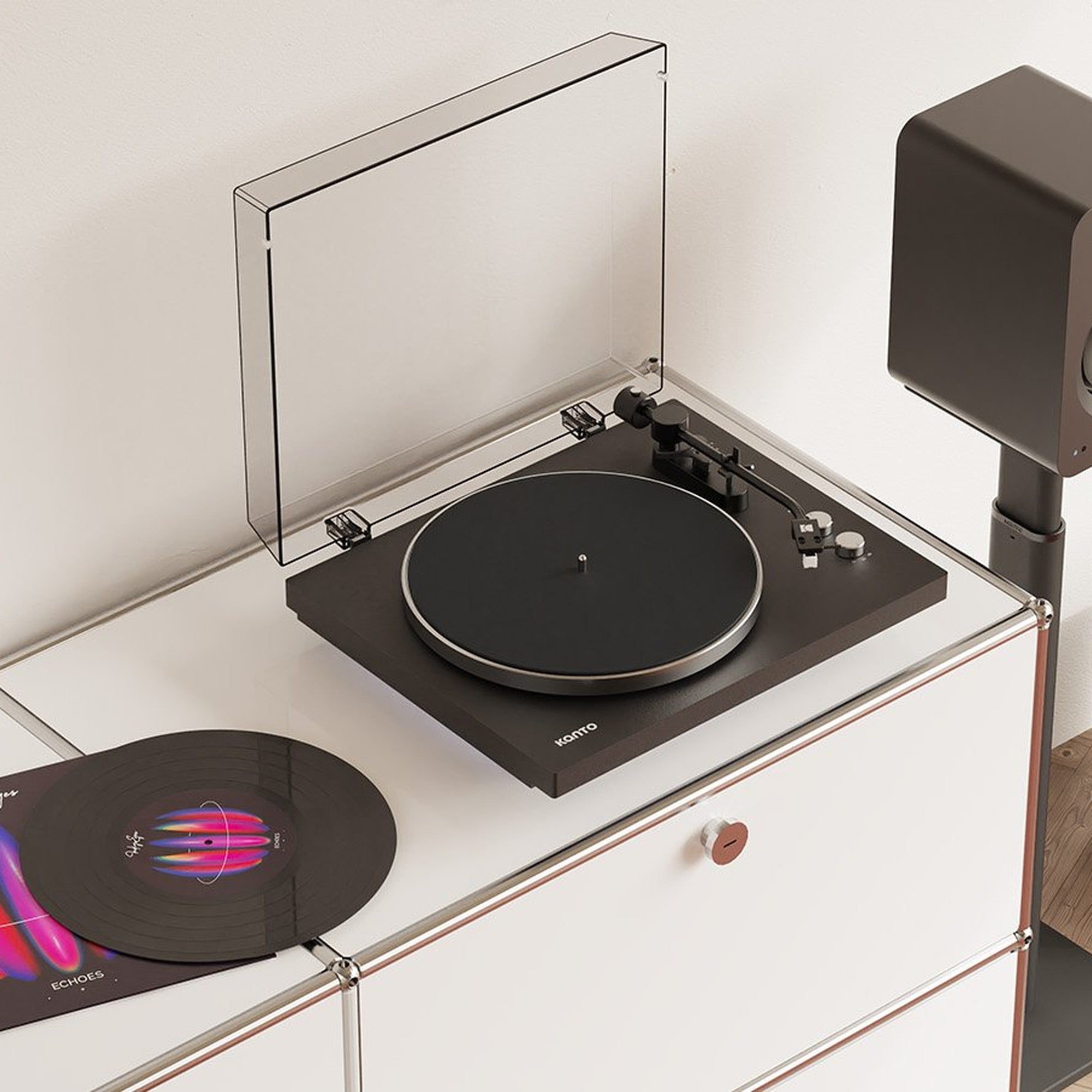 Kanto Audio OBI3 Gen 2 turntable, Black, in a living-room hi-fi setup