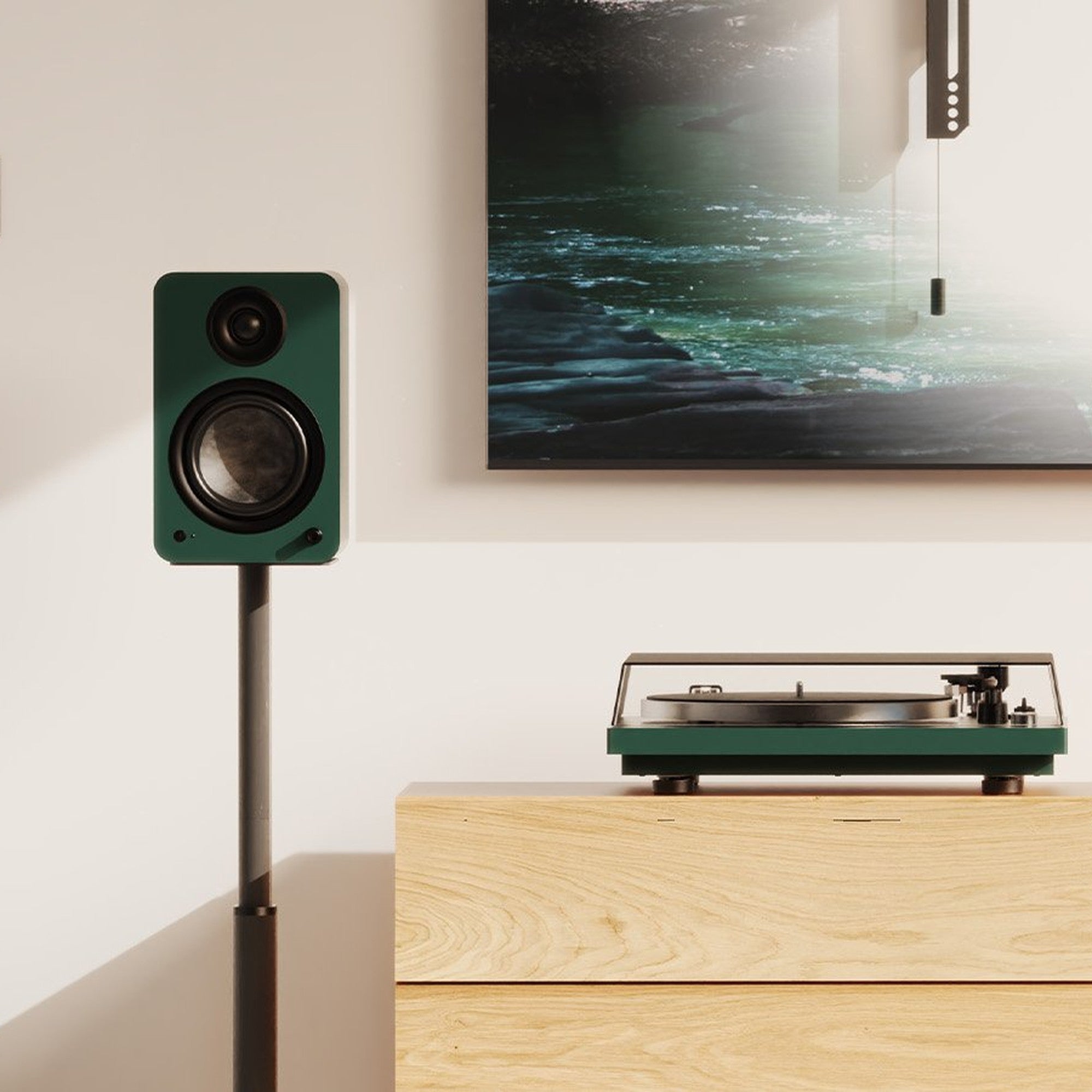 Kanto Audio OBI3 Gen 2 turntable, Green, styled on a shelf